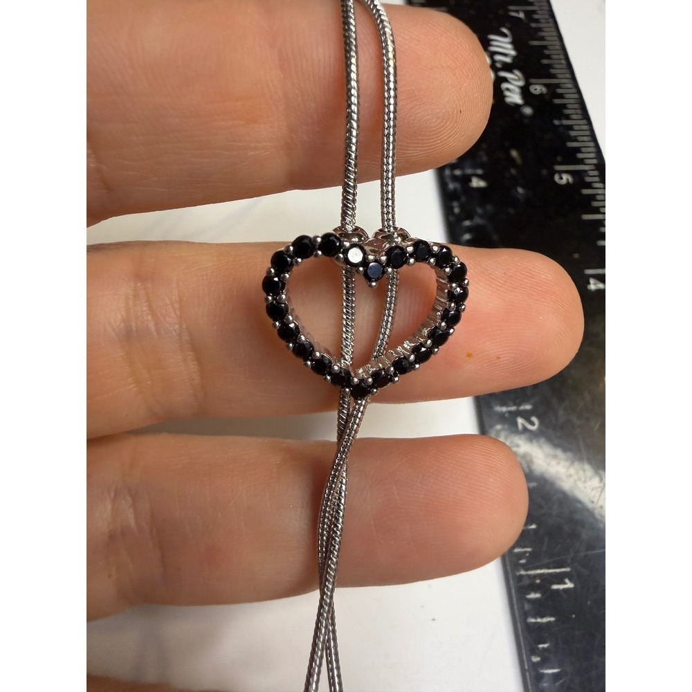 Black Rhinestone Heart Lariat Necklace Silver Tone Snake Chain Adjustable Bolo